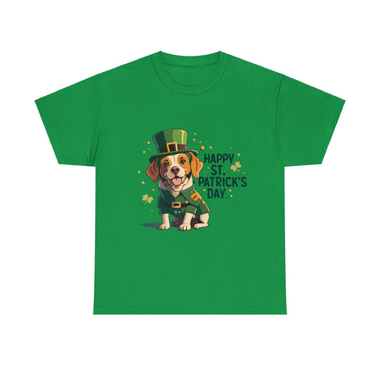 Happy St Patrick's Day, Dog, Puppy, Holiday, Irish, Family, Clover, Lucky, Unisex Heavy Cotton Tee